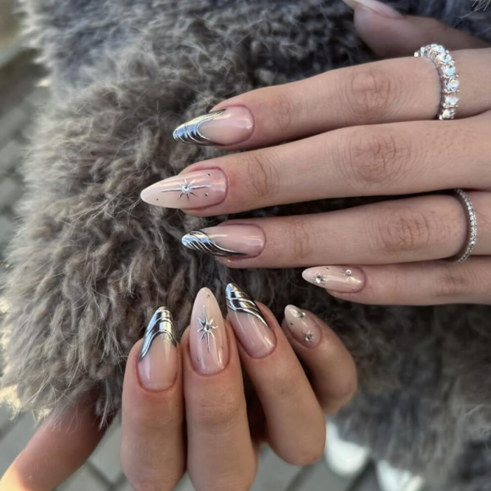 Gold Glossy Almond Press On Nails French Tip With Design Reusable Medium Acrylic False Nails 24Pcs