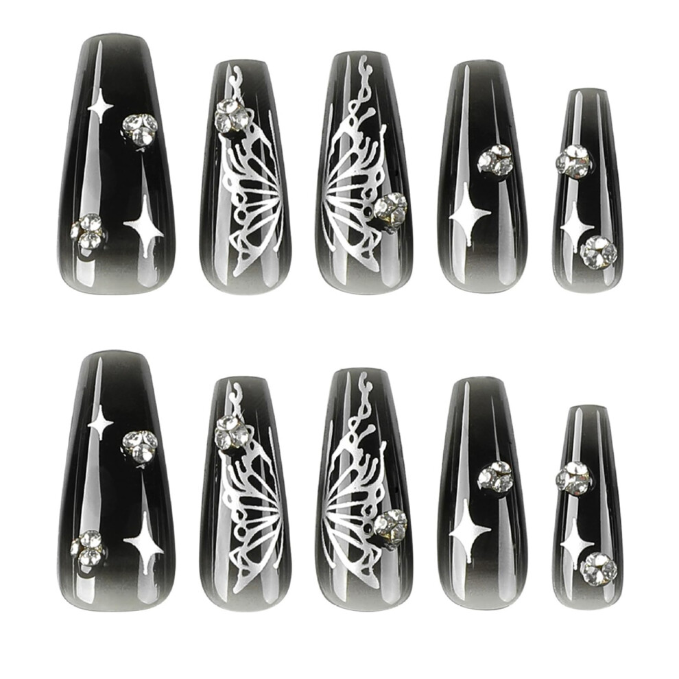 Detachable Press On Nails with Butterfly Design, Full Cover French Tip False Nails for Salon Style