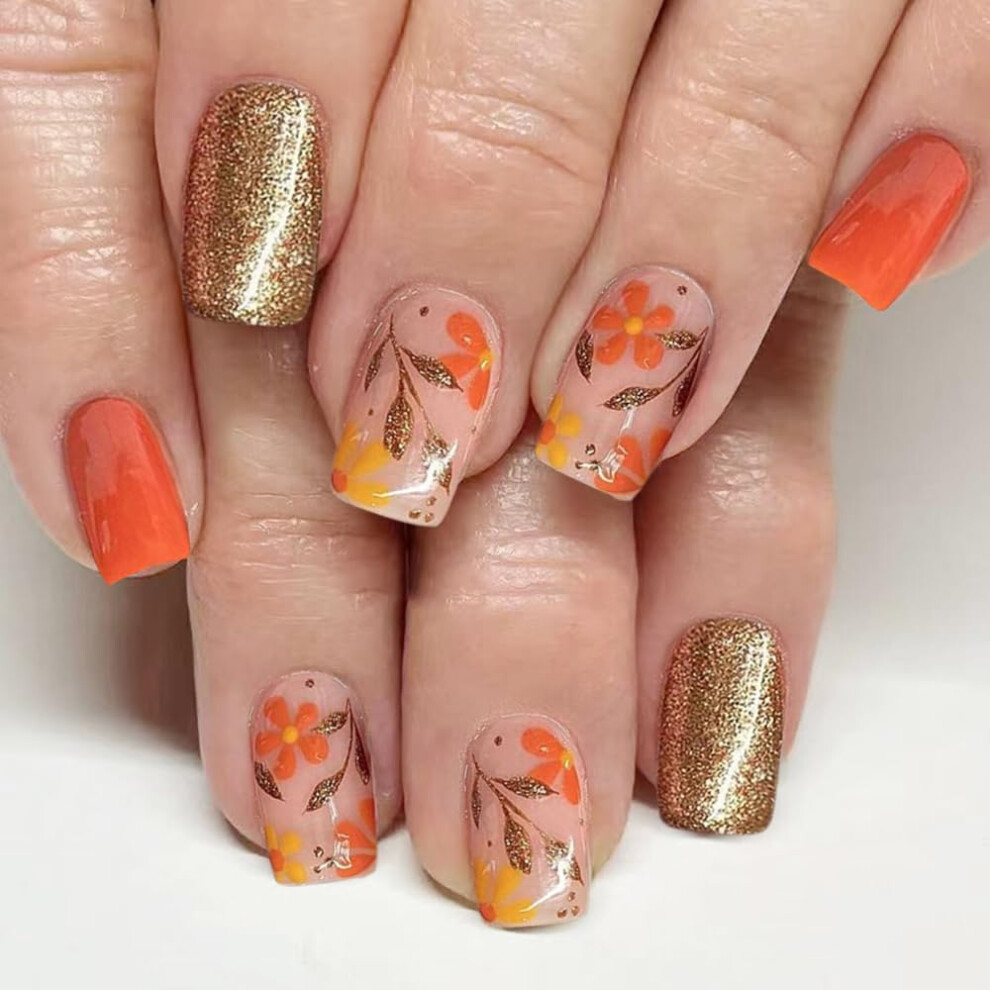 Short Square Press On Nails with Fall Floral Glitter, Reusable Fake Nails Autumn Design 24PCS