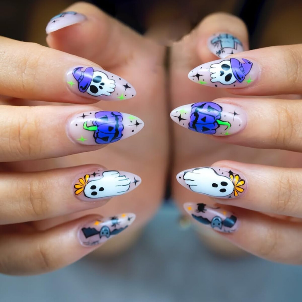 Halloween Almond Press On Nails 24PCS with Pumpkin Ghost Bat Design, Reusable Acrylic False Nails