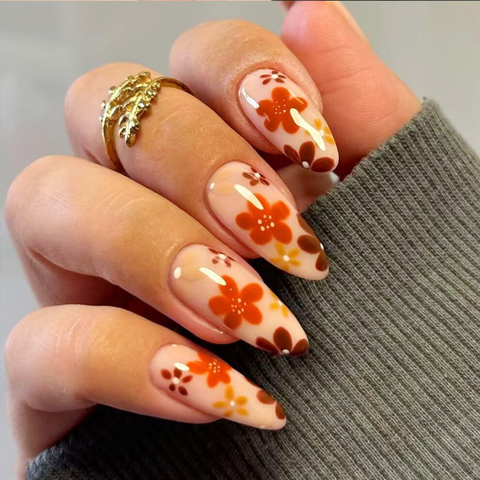 Fall Almond Press on Nails with Floral Design, Medium Acrylic Fake Nails for Women, 24pcs