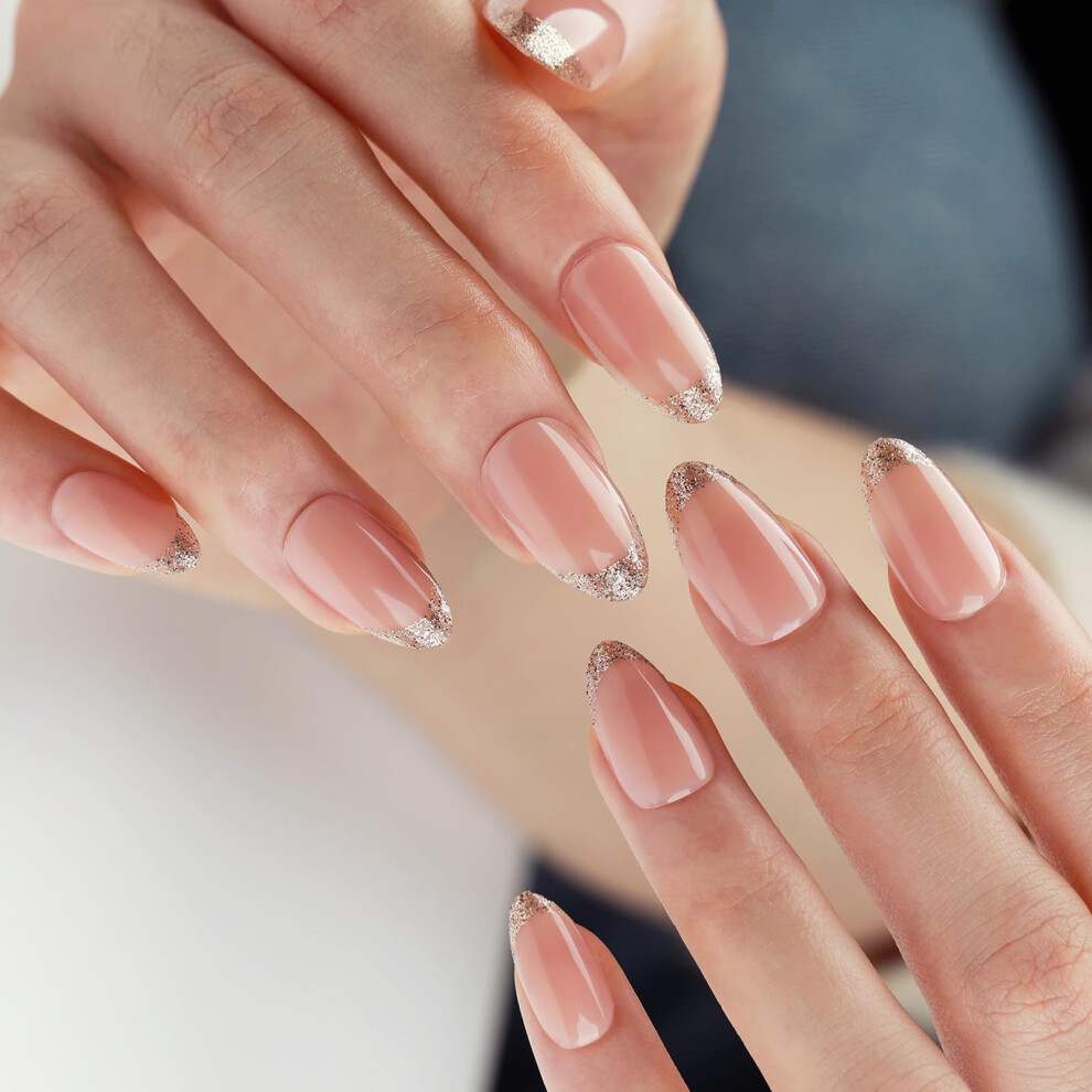 24pcs Glitter French Tip Press On Nails Almond Shape Full Cover Fake Nails Instant Salon Manicure
