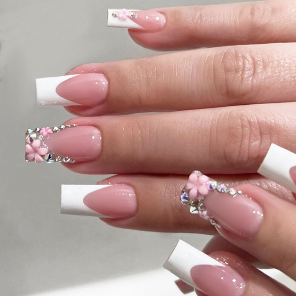 French Tip Press On Nails with Rhinestones Full Coverage Acrylic Nail Tips for Women 24Pcs