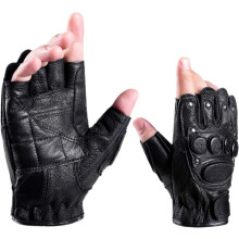 Men's Winter Leather Gloves, Fingerless Sheepskin Leather Driving Gloves, Warm Half Finger Gloves(Black)