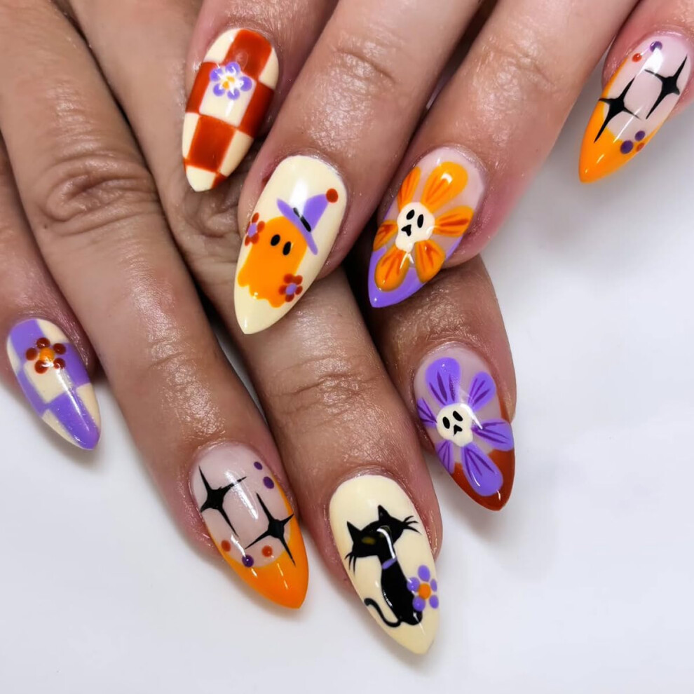 Halloween Press On Nails Short Almond 24pcs Cute Ghost Cat Skull Art Spooky Acrylic Fake Nails for Women