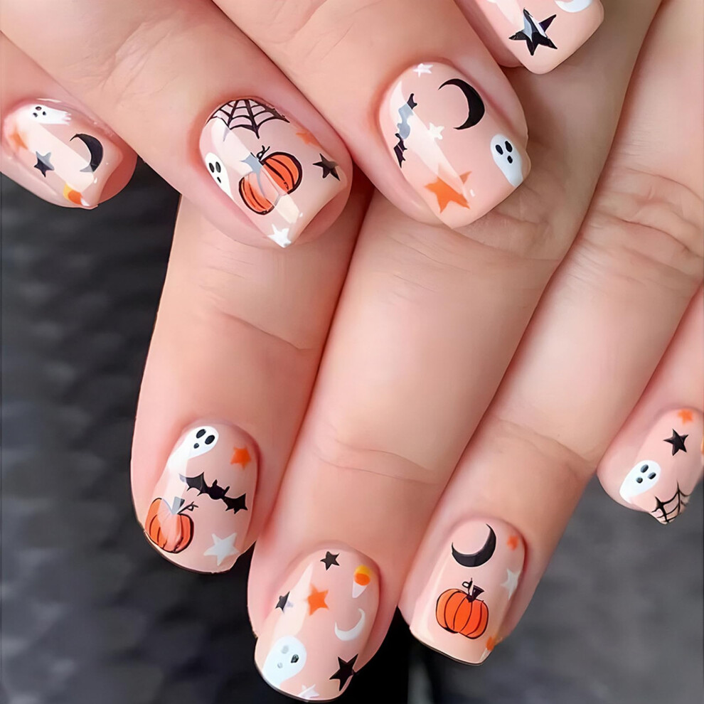 Halloween Press On Nails Short Square with Pumpkin Spider Web Bat Designs 24pcs Acrylic False Nails