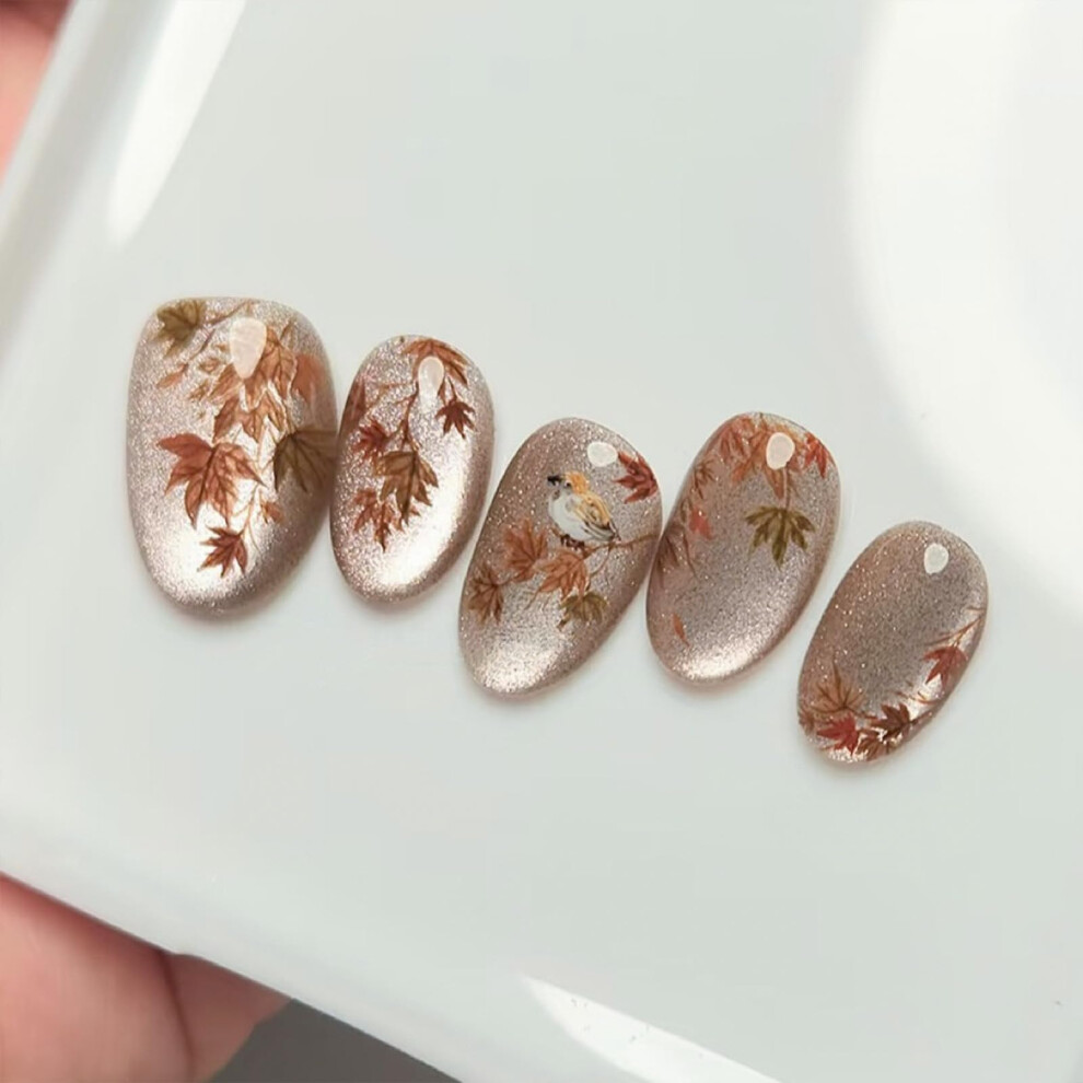 Cream 30 Pcs Cat Eye Almond Press On Nails Nude Maple Leaf Design Medium Glossy Autumn False Nails Kit