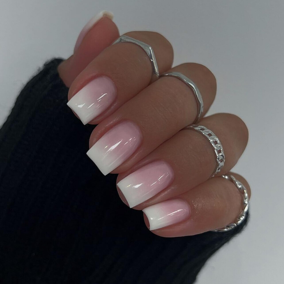 Pink,White Ombre Press On Nails Medium Square Pink White Gradient Fake Nails Glossy Full Cover 24Pcs Kit