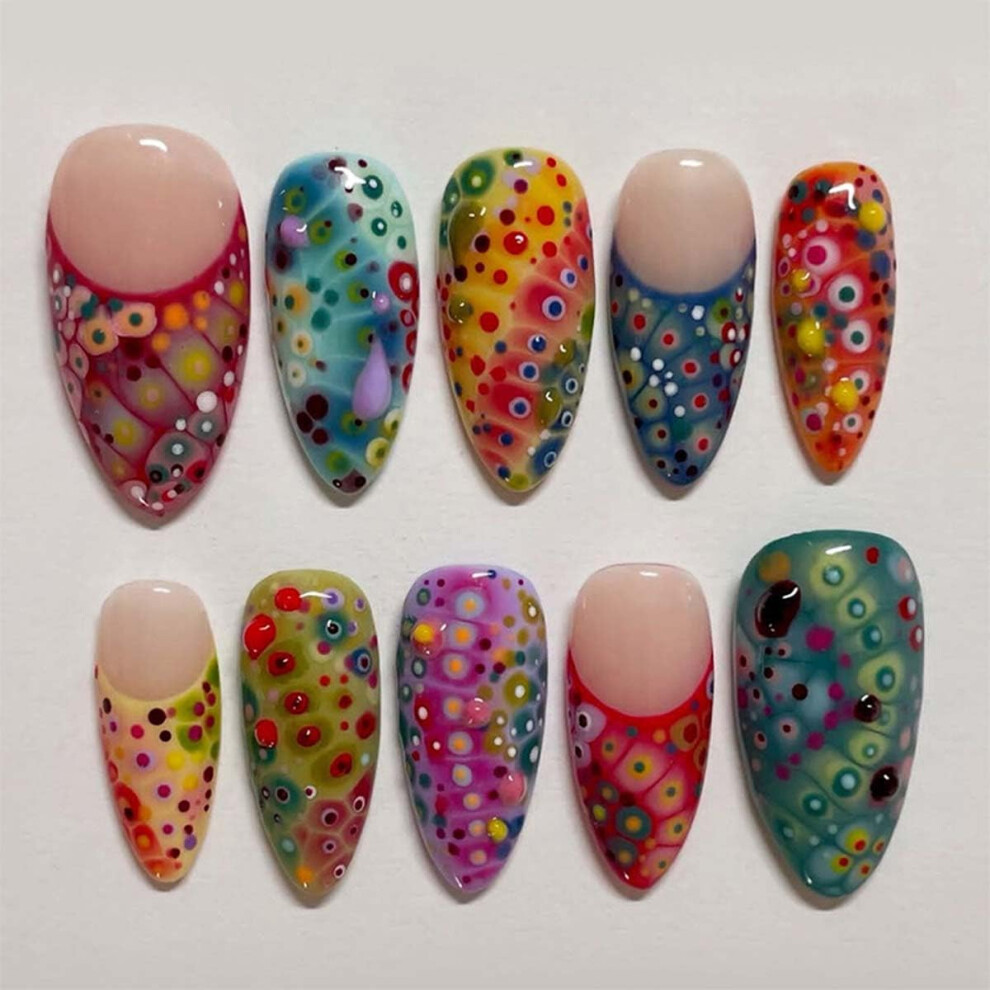 24Pcs Rainbow Press on Nails Short Almond with Polka Dot Design Fake Nails Reusable Acrylic Gel Kit