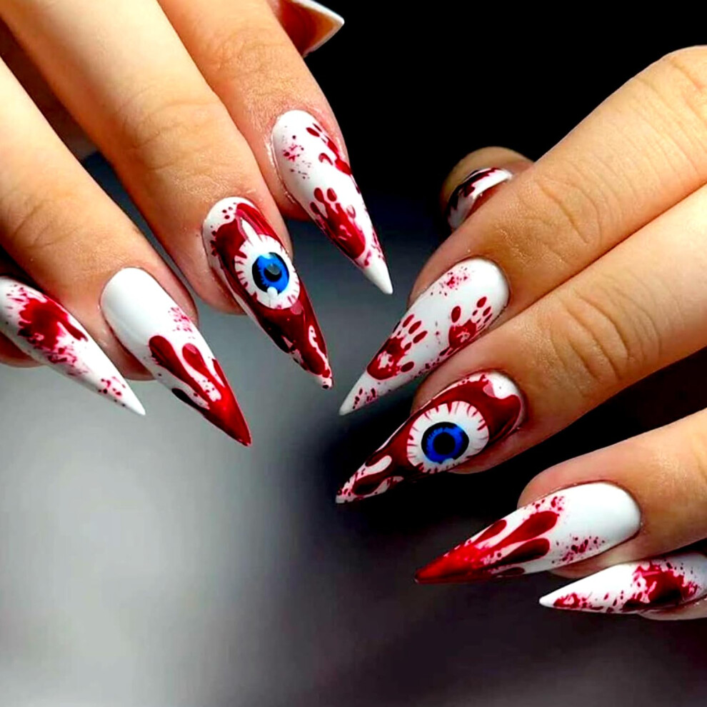 Halloween Press On Nails Long Almond Bloody Evil Eye Reusable Glue On Nail Art 24pcs