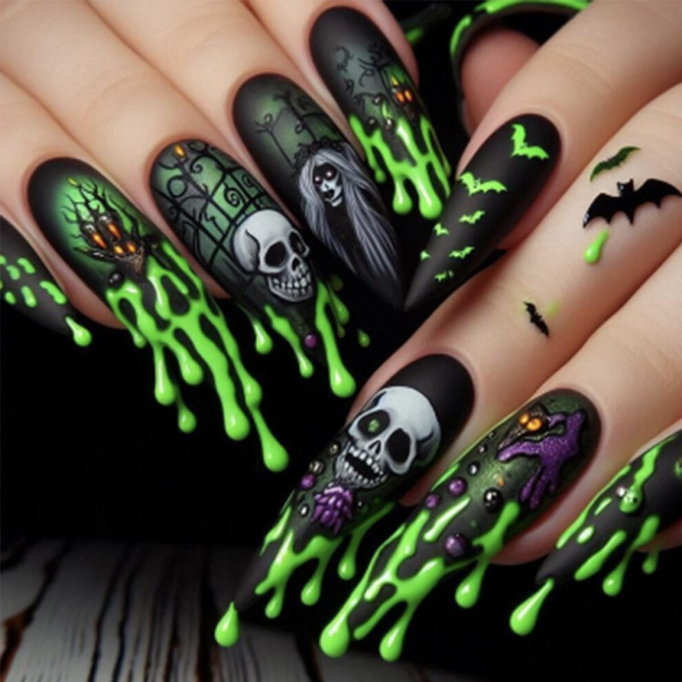 Black 24Pcs Halloween Almond Press On Nails With Skull And Bat Designs Medium Length False Nails For Women