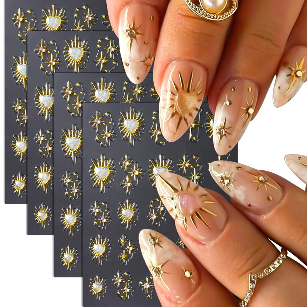 Gold 5D Nail Stickers Embossed Star And Heart Decals With Aurora Rhinestones For Manicure