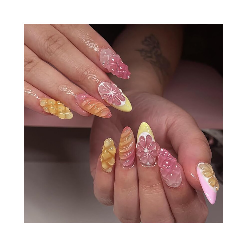 Medium Almond Press On Nails with 3D Flower Orange Jelly French Tips, Glossy Acrylic Fake Nails
