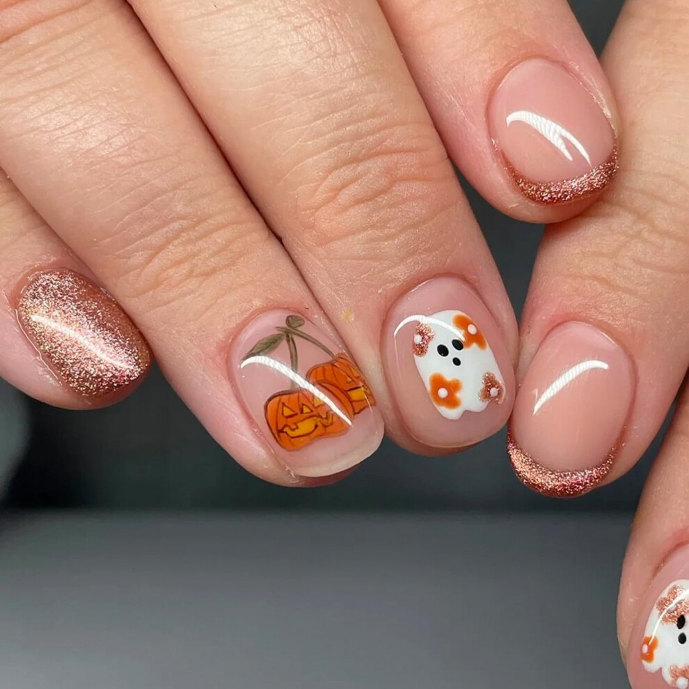 Halloween Press On Nails French Tip Short Square Fake Nails with Pumpkin Glitter Full Cover 24Pcs