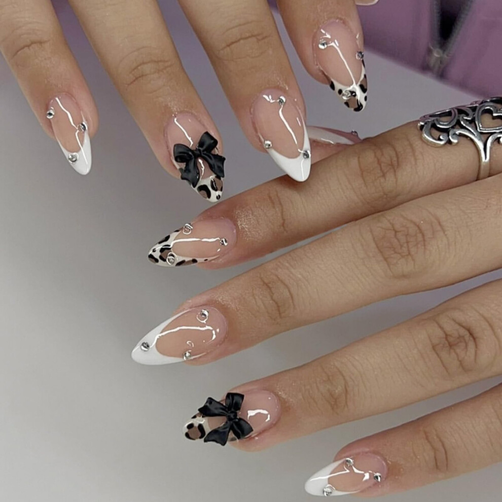 Press on Nails Medium Almond French Tips Leopard Print with Bow Reusable Glue on Fake Nails for Women