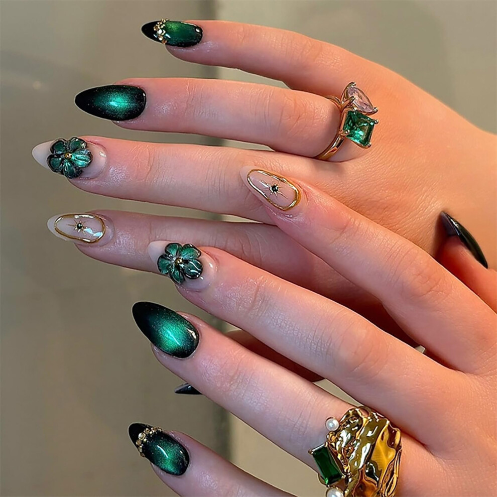 Green Floral Almond Press On Nails Medium Glossy Acrylic False Nails With Glue And Tools