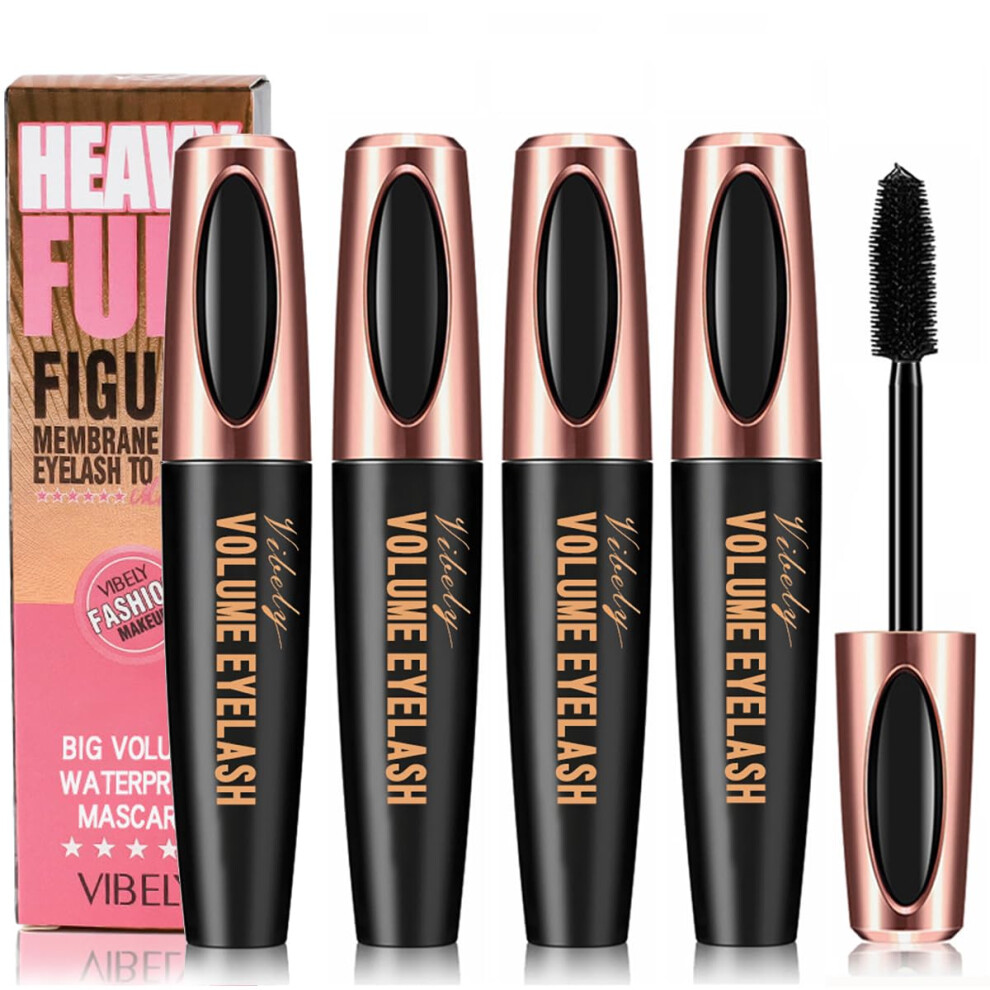 4D Fiber Lash Mascara Waterproof Volumizing SmudgeProof Long Wear for Long Lashes 4 Packs