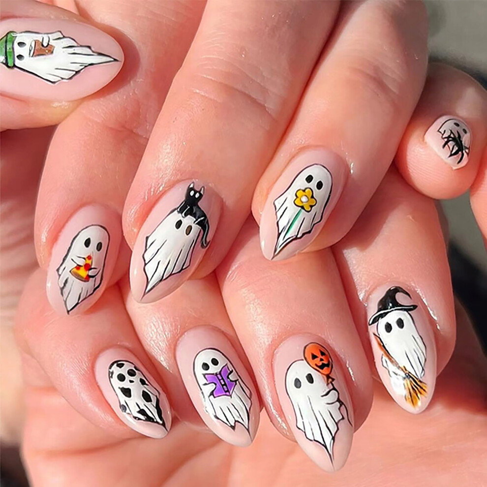 Press On Nails Medium Almond Halloween Ghost Day of the Dead Fake Nails Set with 12 Sizes