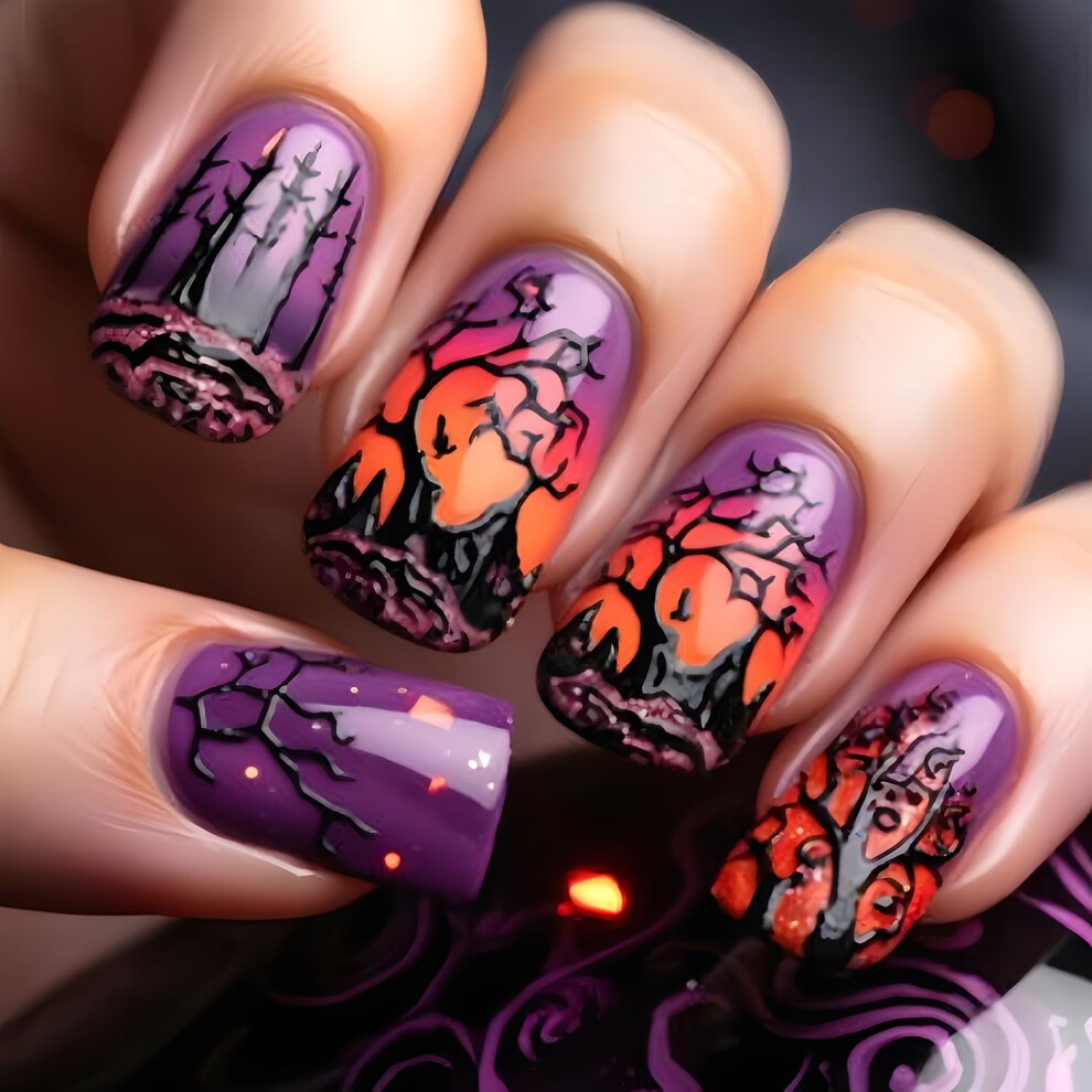 24pcs Halloween Square Short Press On Nails Glossy Fake Acrylic Nails with Glue for Women