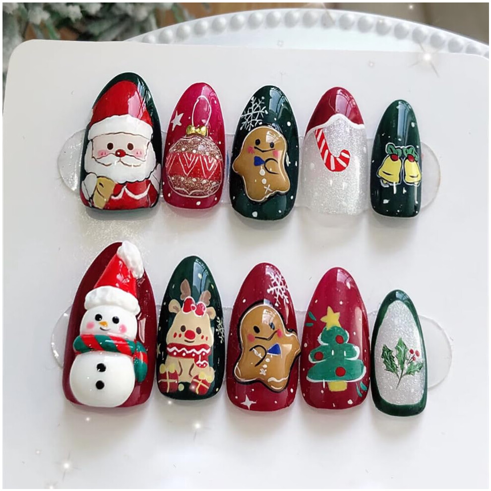 Christmas Press On Nails Set with Red French Tips, Medium Almond Festive Snowman Fake Nails
