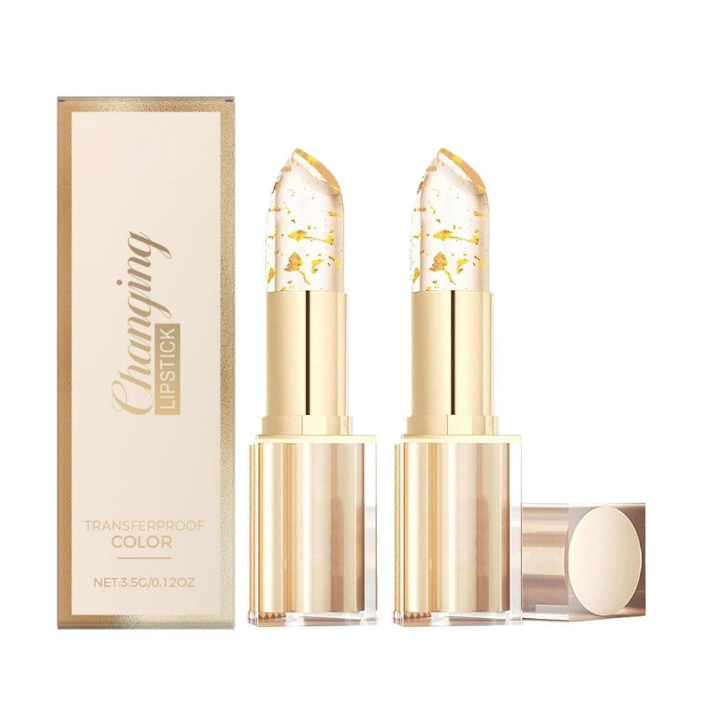 Gold 2Pcs Long Lasting Moisturizing Color Changing Lipstick With Crystal Ph Activated Hydrating Gloss For Women