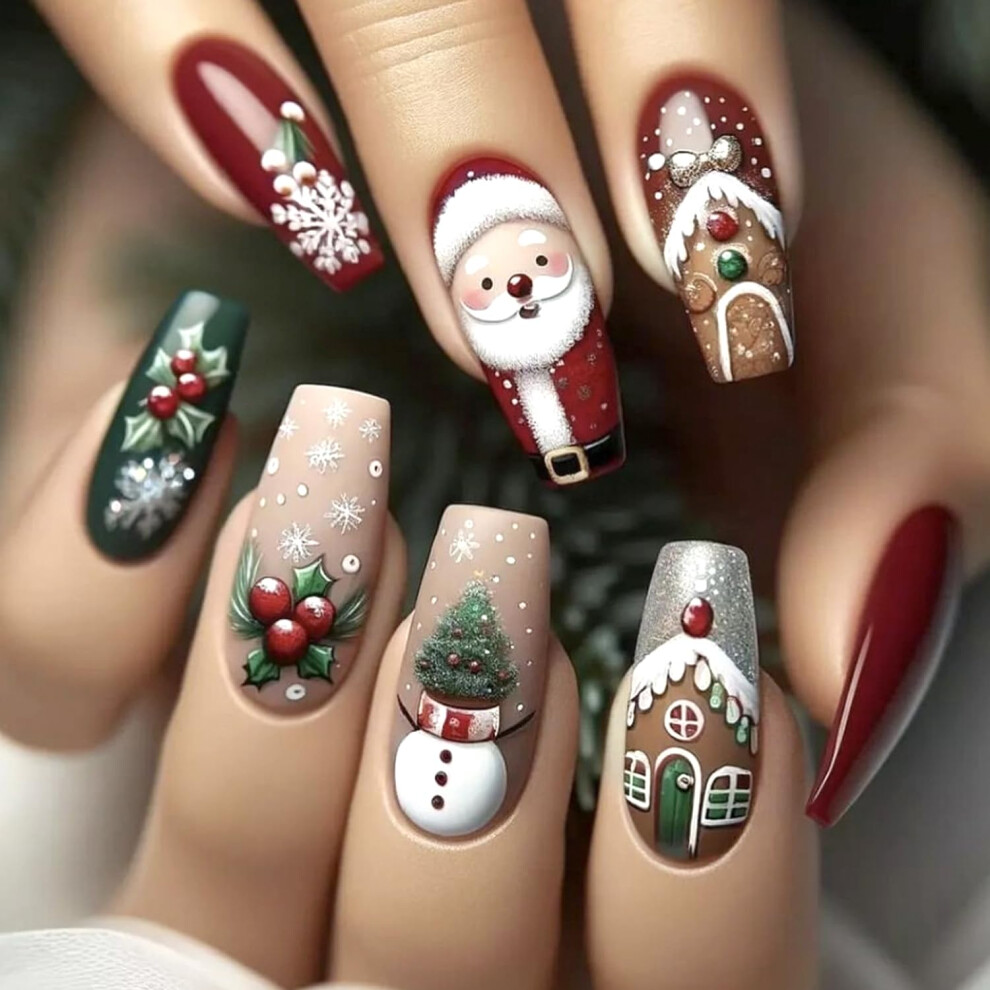 24pcs Christmas Press On Nails Long Square Glossy Snowflake Santa Design Reusable Holiday Set