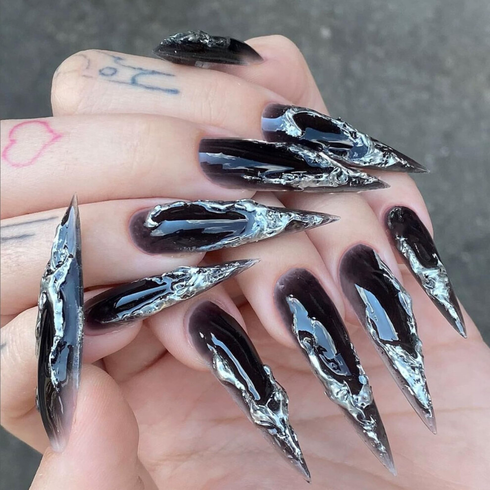 Black Long Stiletto Press On Nails Silver Ombre 3D Edge Reusable Acrylic Glue On False Nails