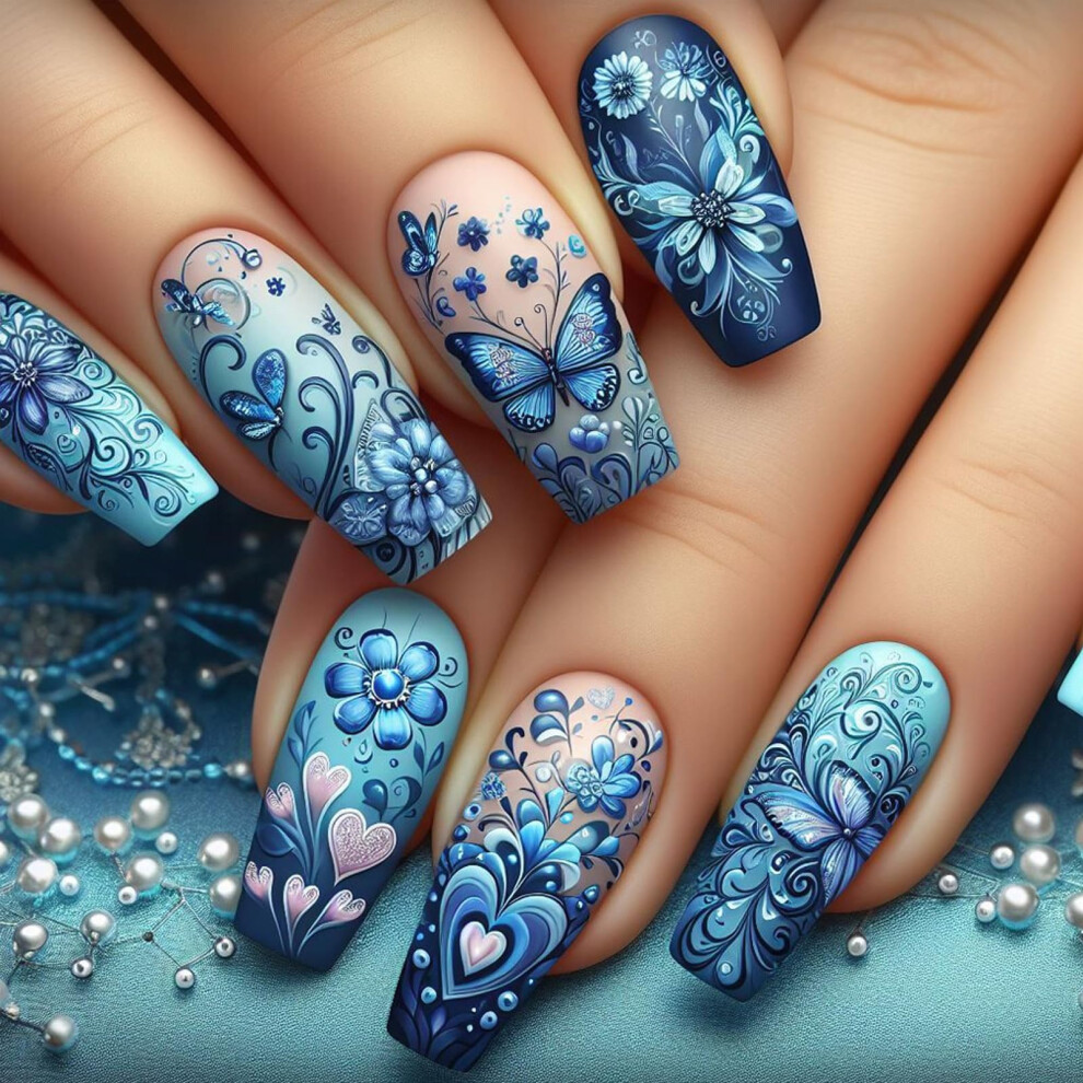 Blue French Tip Coffin Press On Nails With Butterfly And Flower Design, 24Pcs Fake Nail Set