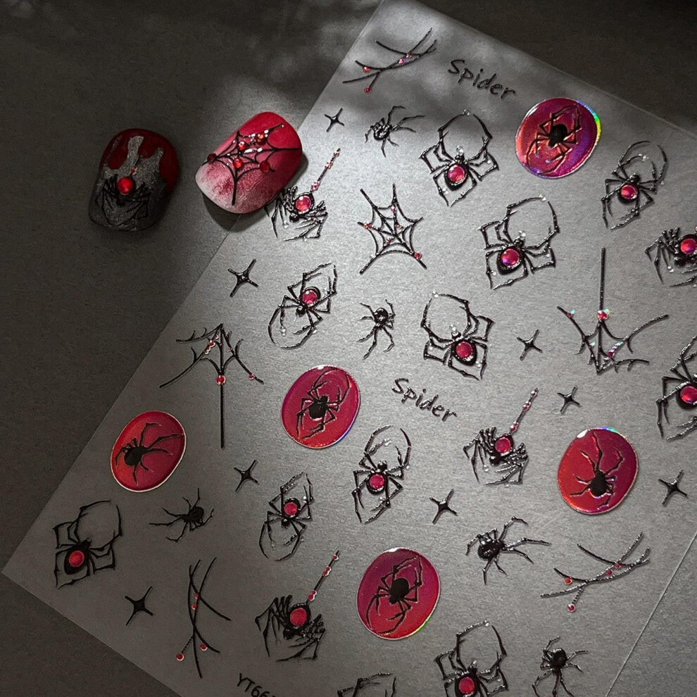 Red Halloween Nail Stickers 5D Embossed Spider Web Nail Decals With Rhinestones For Women