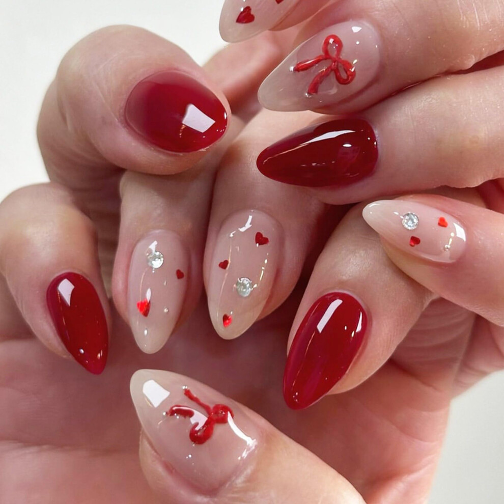 24pcs Glossy French Tip Press On Nails, MultiSize Stick On Fake Nails for Valentines Day