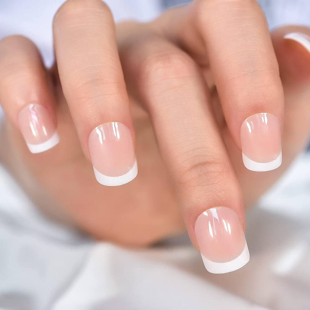 Cream Short Squoval Nude French Press On Nails Glossy Reusable Fake Nails Kit For Women