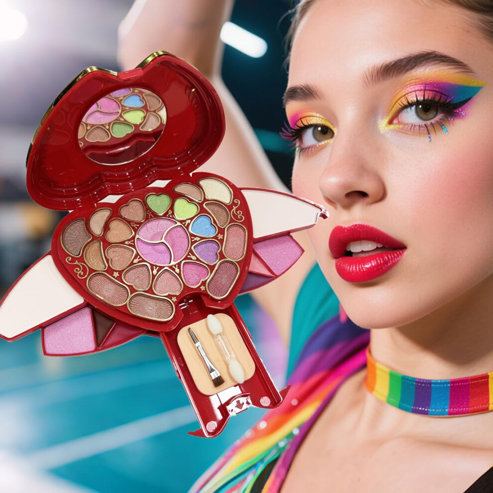 Red/Gold Allinone Makeup Palette Kit With Mirror, 23 Eyeshadow, Lip Gloss, Blush, Vegan Waterproof Formula