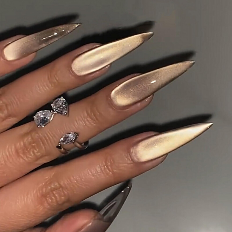 Gold Long Stiletto Press On Nails Glitter False Nails Reusable Full Cover Tips For Women 24Pcs