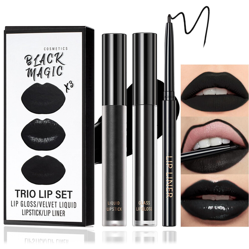 Black Matte Lipstick Set with Lip Liner and Gloss, Waterproof Smudge Proof Long Lasting Goth Makeup