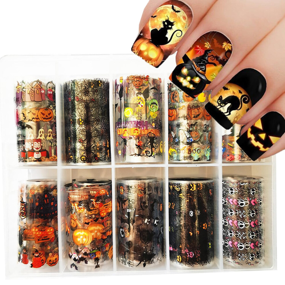 Halloween Nail Art Foil Transfer Stickers Set 10 Rolls Pumpkin Spider Web Ghost DIY Manicure for Women