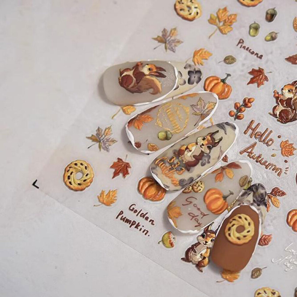 Fall Nail Art Stickers 5D Embossed Maple Leaf Pumpkin Squirrel Self Adhesive Autumn Nail Decals for Women