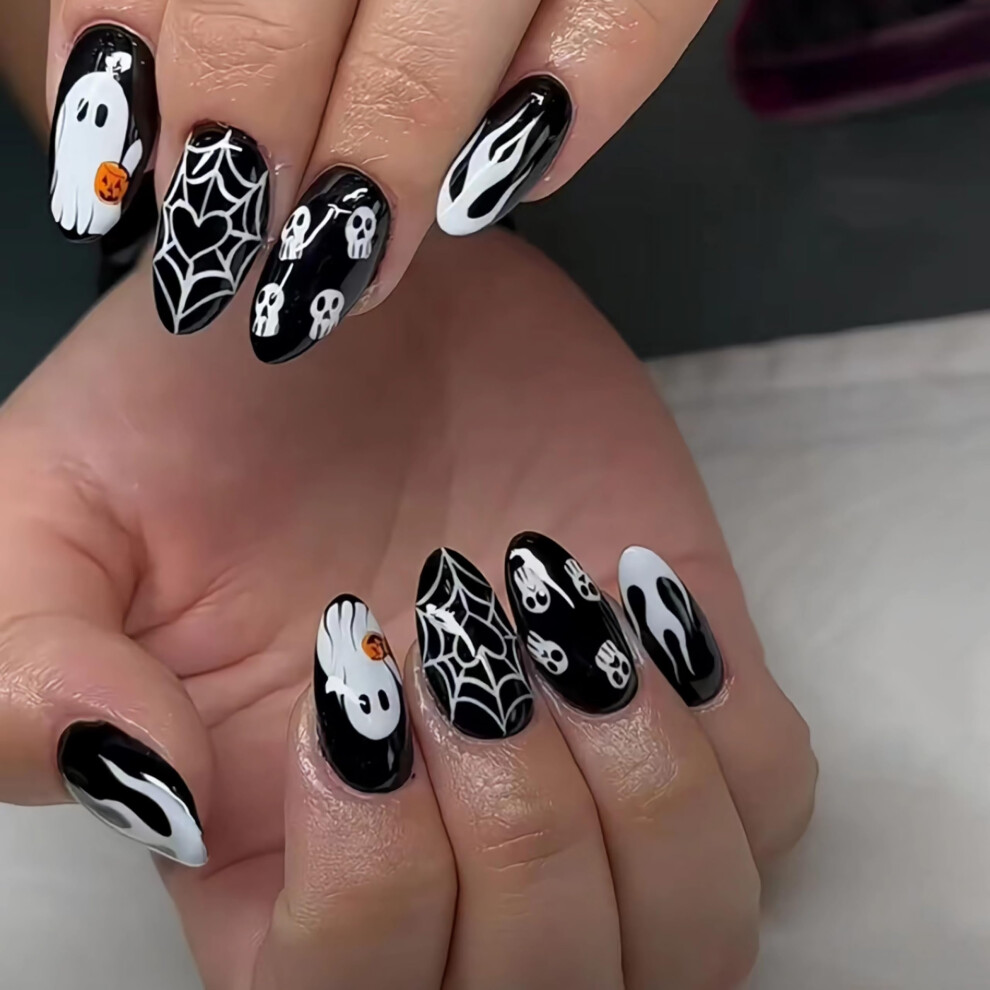 Black Halloween Press On Nails Medium Almond Fake Nails Gothic Acrylic With Glue 24Pcs Set