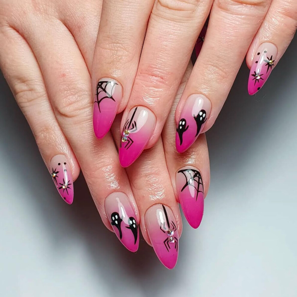 Halloween Almond French Tip Press On Nails with Black Spider Web Ghost Design and Rhinestones 24pcs