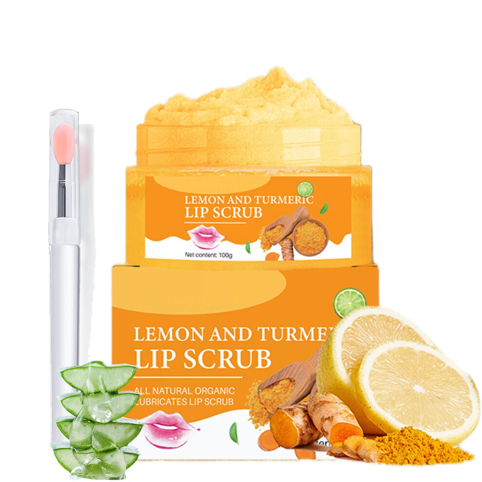 Dark Turmeric Lemon Sugar Lip Scrub With Brush For Lips, Hydrating Exfoliator With Aloe Vera And Vitamin C