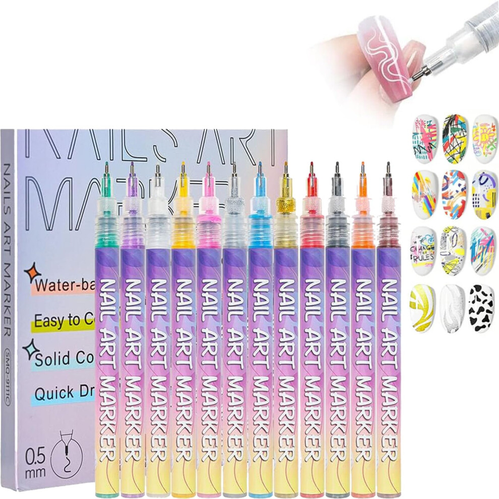 12 Color Nail Art Pens Set, QuickDrying Waterproof Ink, 0.5mm Fine Tip Acrylic Paint Pens for Nails