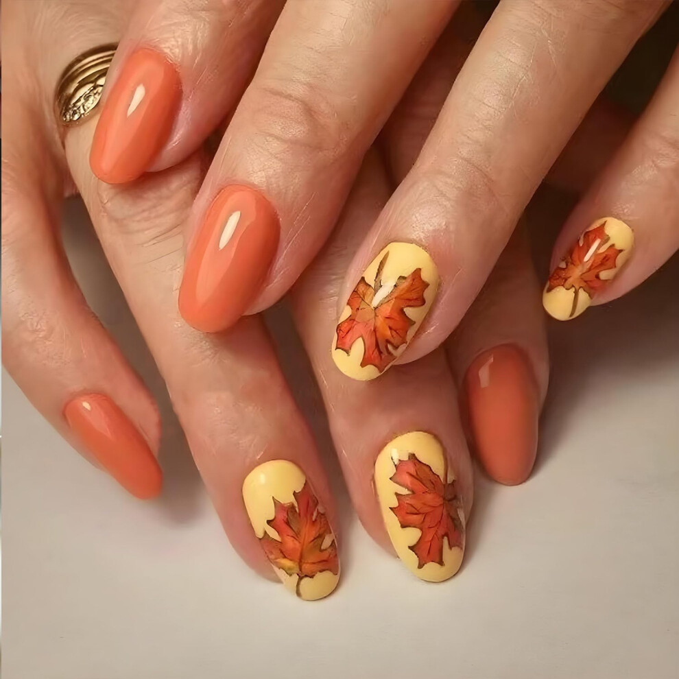 Autumn Maple Leaf Press on Nails Glossy Short Almond Fake Nails Full Cover Set 24pcs