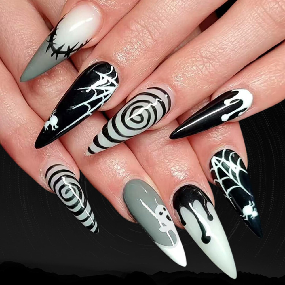 24Pcs Long Pointed Halloween Press On Nails Spider Web Gothic Fake Nails Reusable Acrylic Design