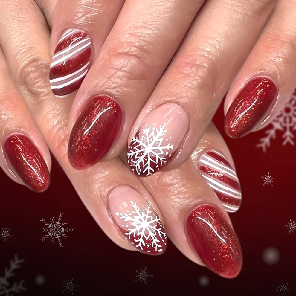 White,Red 24Pcs Christmas Press On Nails Red White Almond Fake Nails With Snowflake Glitter Design