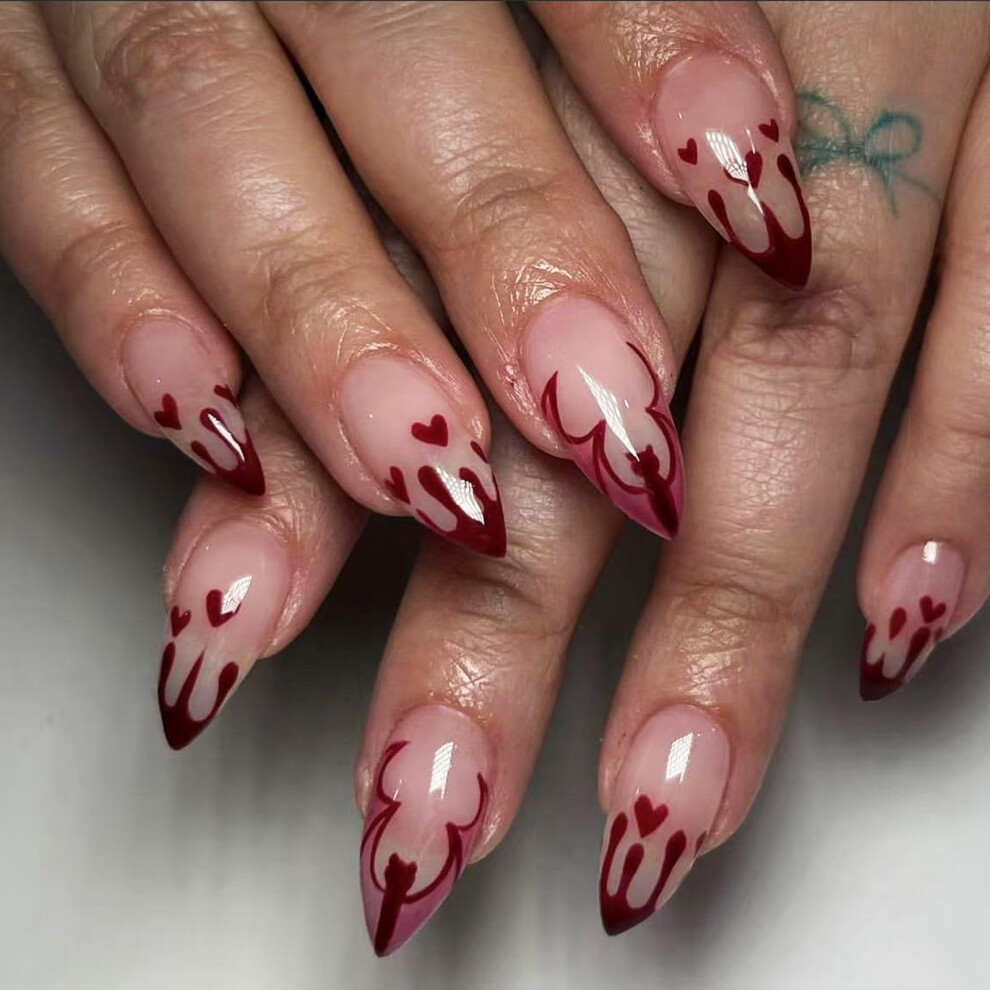 Halloween Press On Nails Medium Almond Red French Tip with Blood Drop Bat Design Reusable Set 24Pcs