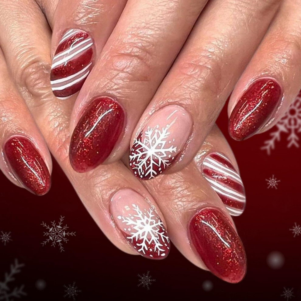 Red Short Almond Press On Nails French Tip Fake Nails Glitter Striped Glossy Full Cover 24Pcs