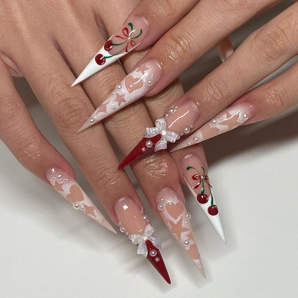 Extra Long Stiletto Press on Nails with 3D Bow Cherry French Tip Reusable Glossy Acrylic Set 24PCS
