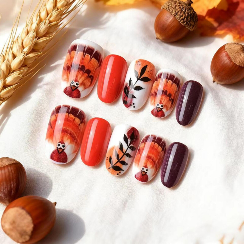 Red,Purple Short Almond Press On Nails Thanksgiving Design Fake Nails Red And Purple Glossy With 30Pcs Set