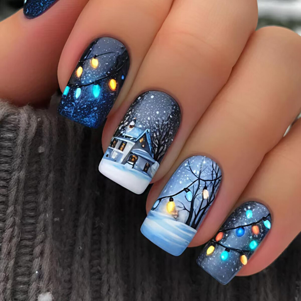 Blue Christmas Press On Nails Short Square Winter Snowflake Fake Nails 24Pcs Festive Holiday Set
