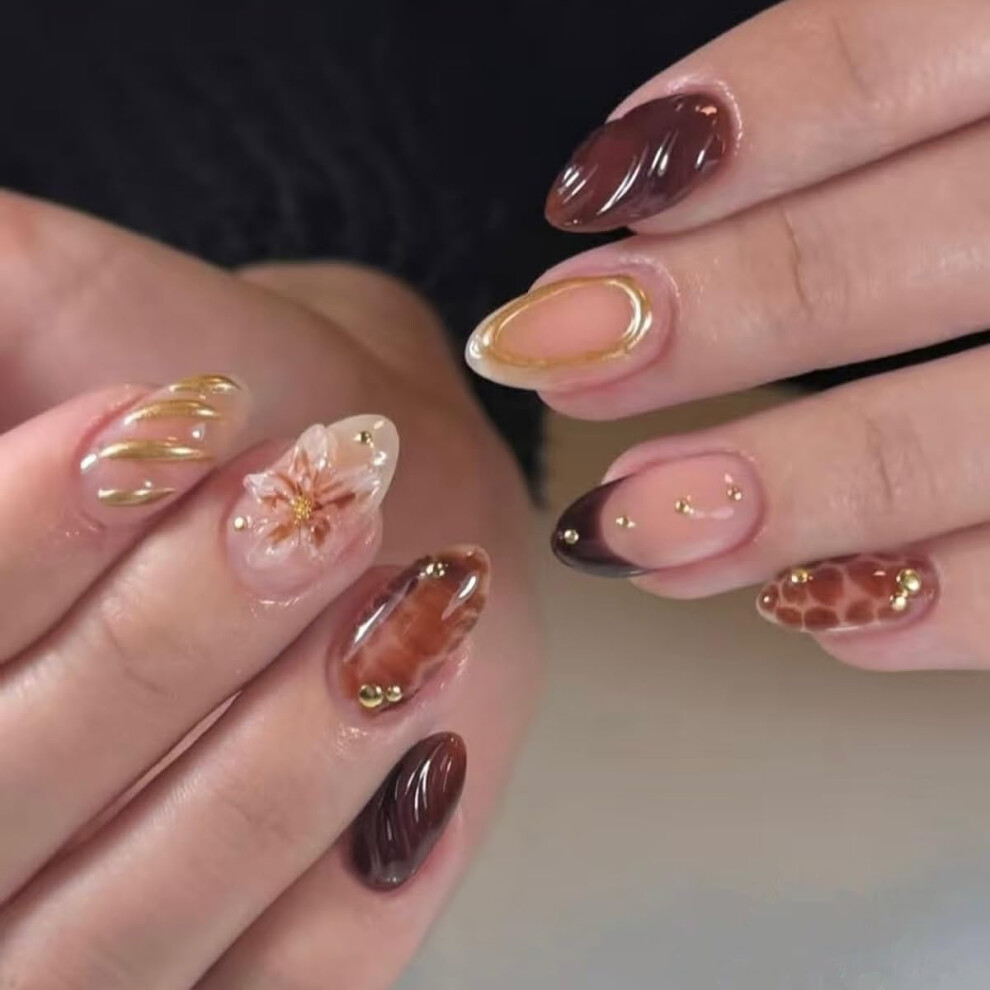 Gold Medium Almond Press On Nails Tortoiseshell Fake Nails 3D Lines Reusable Salon Manicure 30Pcs