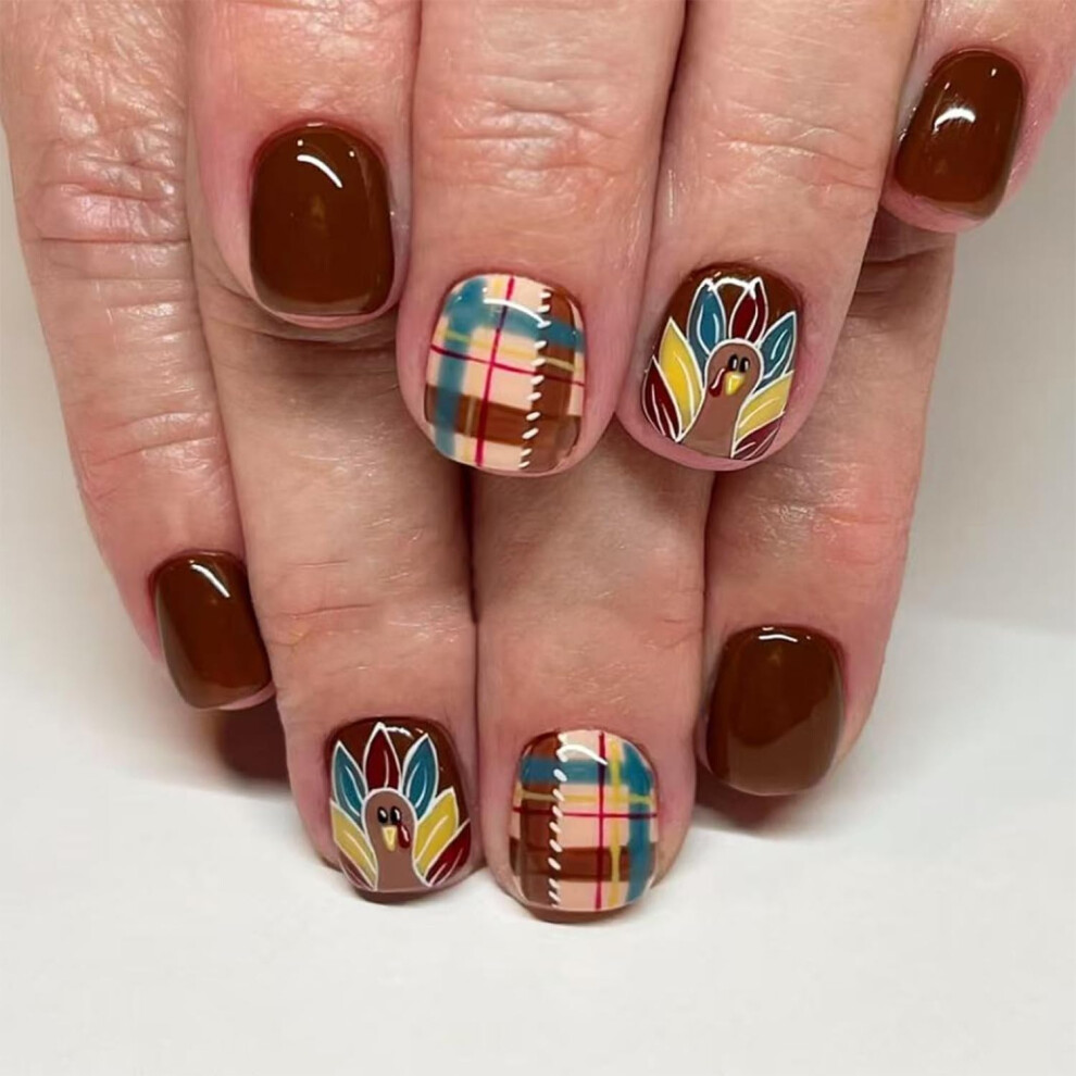 Thanksgiving Press on Nails Short Square Fake Nails with Festive Fall Design Turkey Brown 24pcs Reusable